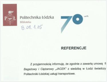 opinia wystawiona dla firmy przeprowadzkowej przez Politechnikę Łódzką